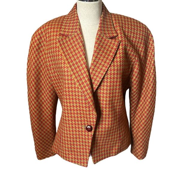VTG Ellen Tracy Blazer 8 Houndstooth Wool Cashmere Strong Shoulder Peplum - Picture 1 of 6